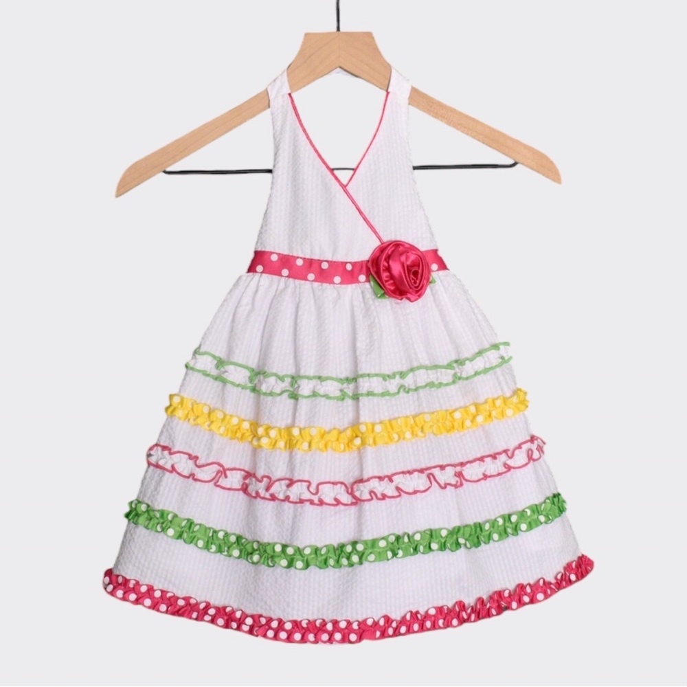 NWT Jessica Ann Toddler Girls Polka Dot Trim Tiered Ruffle Halter Party Dress
